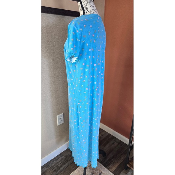 Vintage 90s Moon Dance Blue Floral Butterfly Henley Nightgown Maxi Dress M Soft - Picture 7 of 13